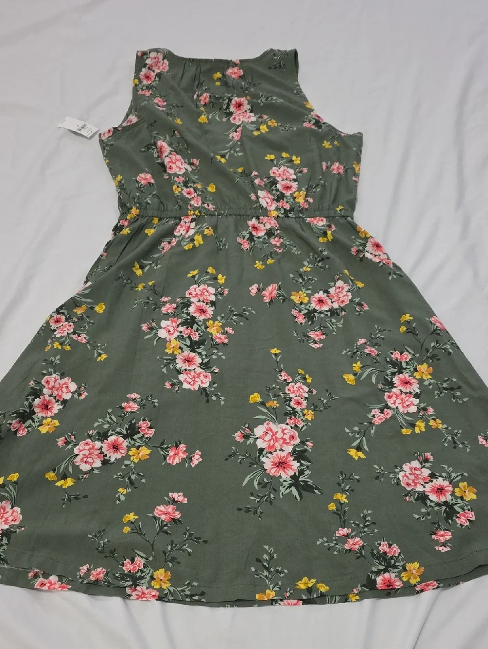 Olive Green Floral Sleeveless V-Neck Dress Size M - Picture 3 of 5